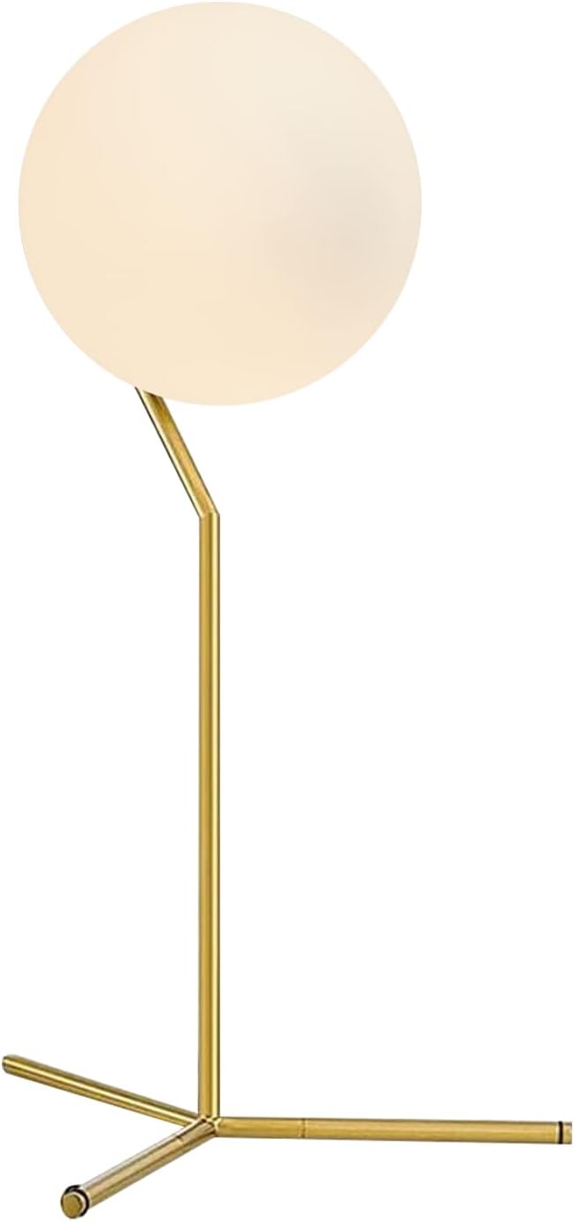 BOKT Modern 1-Light Glass Globe Table Lamp Contemporary Minimalist Tall Bedside Desk Nightstand Lamp Vintage Brush Gold Metal Table Light Frosted White Glass Ball Reading Lamp