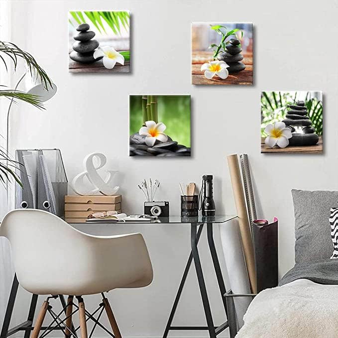 Yxbhhym-Zen Pictures Meditation Canvas Wall Art Spa Stone Green Room Decor White Frangipani Flower Poster Painting Zen Artwork for Bathroom Wall Décor Living Room Kitchen Decorations Framed Art