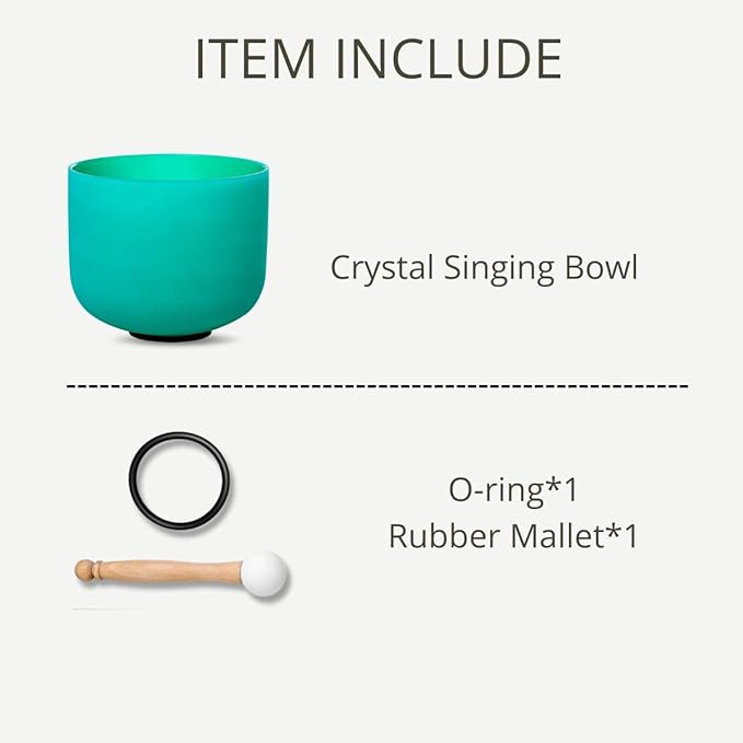 9 inch Green F Note Heart Chakra Quartz Crystal Singing Bowl, for Healing Mindfulness Meditation Yoga Sound Baths, with Rubber Mallet O-ring