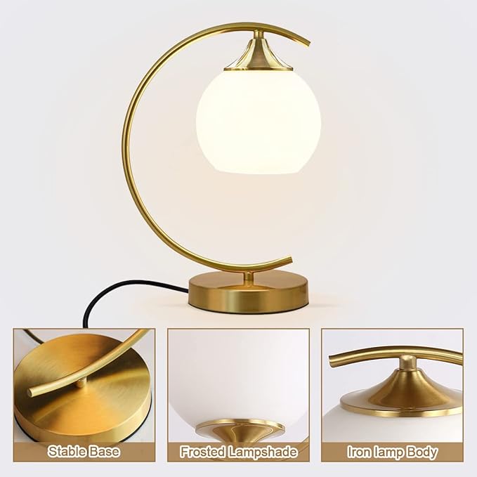 BOKT Modern Globe Table Lamp Mid Century Gold Glass Table Lamp Nordic Simple Design Desk Lamp White Globe Metal Reading Lighting Fixture for Bedside Nightstand Living Room