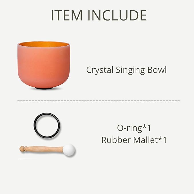 11 inch Orange D Note Sacral Chakra Quartz Crystal Singing Bowl, for Healing Mindfulness Meditation Yoga Sound Baths, with Rubber Mallet O-ring