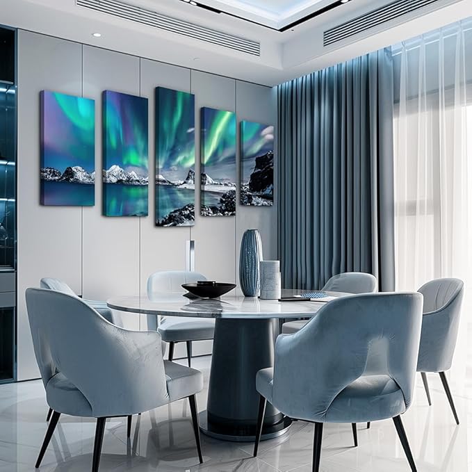 Large Wall Decor For Living Room Canvas Wall Art For Bedroom Blue Aurora Scenery Paintings Modern Canvas Art Prints Ready To Hang Office Pictures For Home Wall Decorations Artwork 5 Piece Set