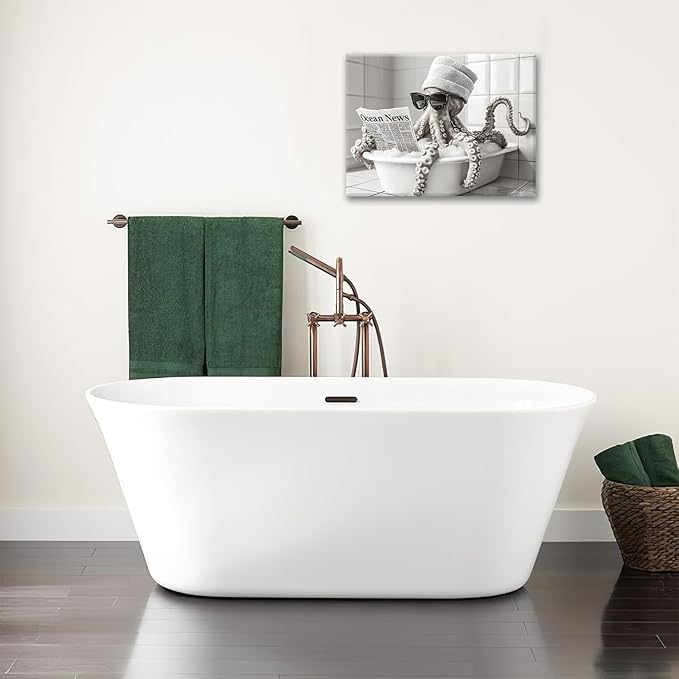 Olivine Octopus Wall Art, Funny Animal Pictures Wall Decor, Black And White Painting, Octopus Bathtub Canvas Prints, Framed Artwork for Bathroom Bedroom Living Room Office Home Decoration 16"x12"