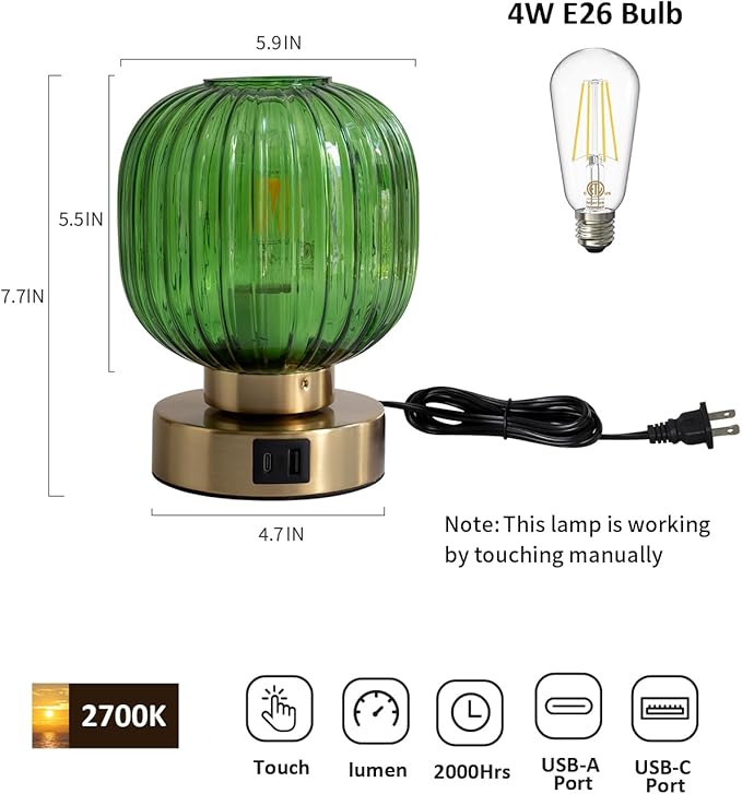Touch Small Table Lamp,Elegant Green Glass Bedside Lamp 3 Way Dimmable with USB C+A Charging Ports - Bedroom Nightstand & Living Room Essential, 4W Bulb Included (Green)