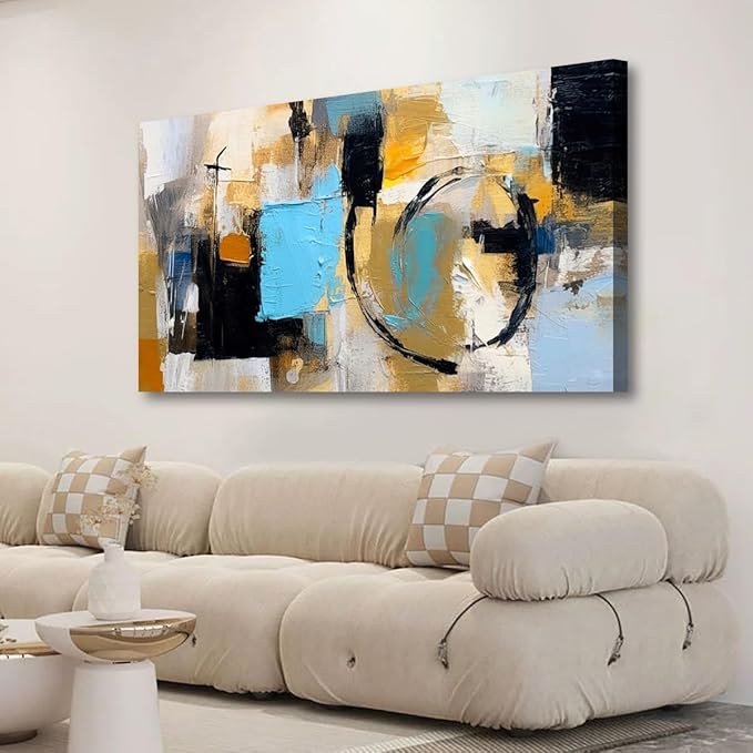 Blue Abstract Wall Art Bedroom Wall Decor Living Room,Black Canvas Wall Art Office Farmhouse Paintings Artwork Modern Black Yellow Brown Boho Wall Art Prints Pictures 20 * 40inch