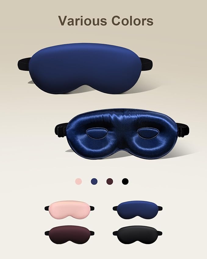 Luxury 22 Momme 100% Mulberry Silk Sleep Mask – 3D Eye Mask with Adjustable Strap, Gentle on Skin and Eyes, Provides Complete Light Blockage for Deep Sleep (Navy, Adjustable)