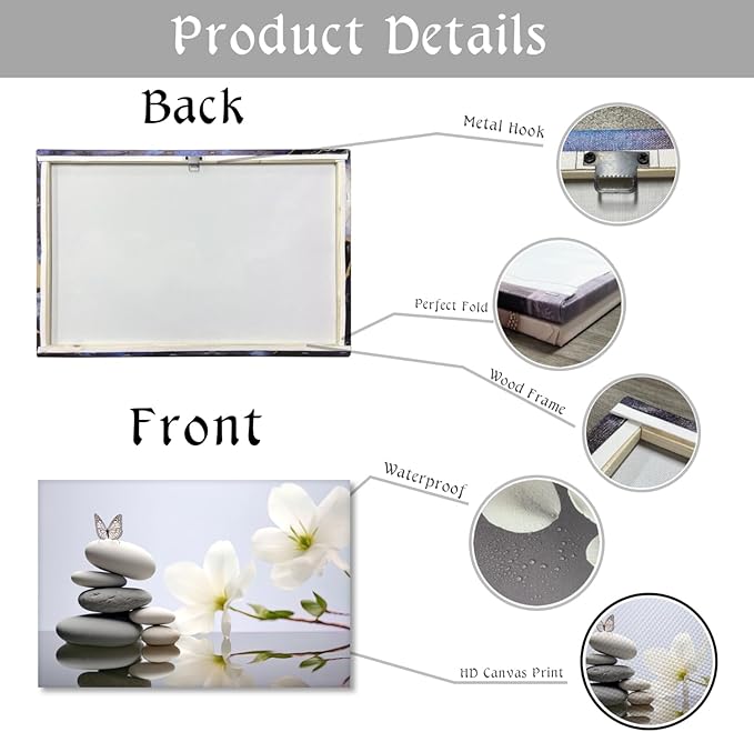 Zen Canvas Wall Art Lotus Picture Bathroom Wall Decor Blue Poster Spiritual Meditation Artwork Spa Stones Butterfly Prints for Yoga Room Home Decor Framed(Art-6,12.00x18.00 inch)