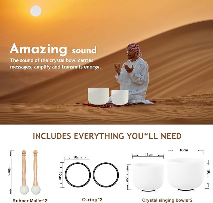 Couple of 2 PCS Crystal Singing Bowl Set, 8" F note Heart Chakra and 10" C note Root Chakra, Sound Bowl Meditation Set for Healing with Carry Case Bag.