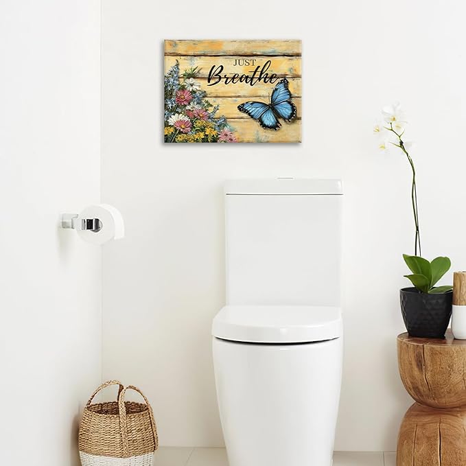 Olivine Butterfly Wall Art, Butterflies Flower Pictures Wall Decor, Just Breathe Painting, Vintage Farmhouse Canvas Prints, Framed Artwork for Living Room Bedroom Bathroom Kitchen Office Home 16"x12"