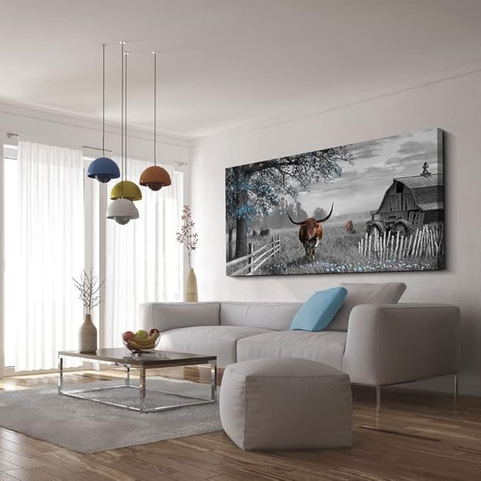 Yiijeah Large Country Wall Art - Brown Cow Blue Tree Pictures Farmhouse Wall Decorations for Living Room Rustic Wall Decor Above Bed