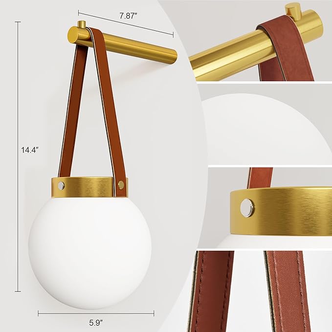 Battery Operated Wall Sconces Set of 2, Gold Wireless Globe Wall Lights with Remote Control Warm/Natural/Daylight/RGB 15 Colors Dimmable Rechargeable Wall Lamps Retro for Bedroom Living Room Hallway