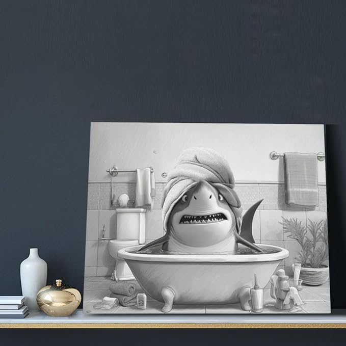 Funny Shark Bathroom Decor Wall Art Black and White Bathroom Pictures Painting Canvas Framed Toilet Humor Artwork Restroom Home Decoration Gifts for Women Girl 16"x20"
