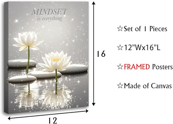 Canvas Prints Art Lotus Floral Mindset Motivational Quotes Poster for Zen Office Wall Decor,White Lotus Flower Meditation Poster Modern Artwork Painting Framed Ready to Hang(12"x16")