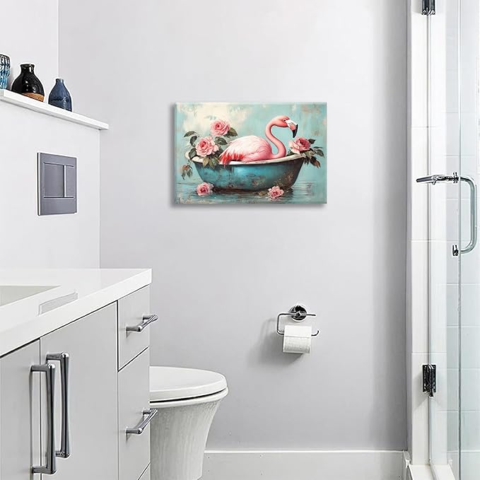 Olivine Flamingo Wall Art, Funny Animal Bathtub Pictures Wall Decor, Vintage Flamingo Bathroom Painting Tropical Animal Canvas Prints, Framed Artwork for Bedroom Living Room Office Home 24"x16"