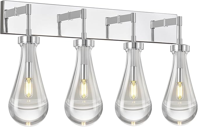 Raindrop Wall Sconces Chrome Crystal Sconces Wall Decor Modern Brass Lighting Glass Bathroom Sconces Indoor Vanity Light Wall Lamp for Bedroom Living Room Stair(4-Light)