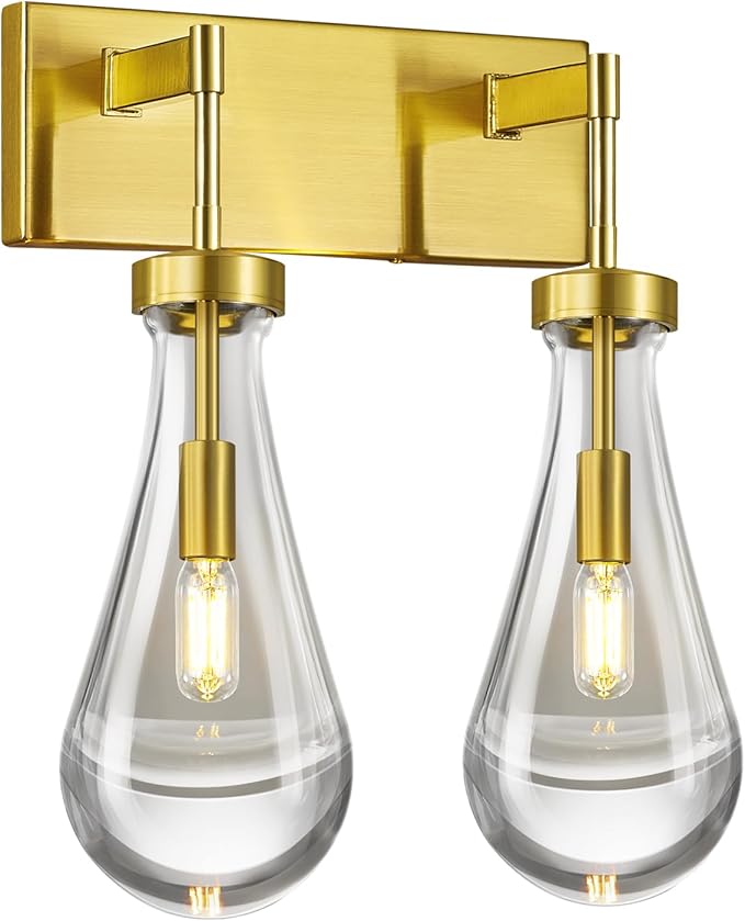 Raindrop Wall Sconces Gold Crystal Sconces Wall Decor Modern Brass Lighting Glass Bathroom Sconces Indoor Vanity Light Wall Lamp for Bedroom Living Room Stair(2-Light)