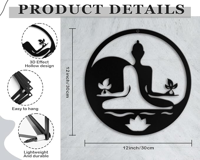 Metal Zen Wall Decor Women Black Iron Buddha Wall Art Lotus Spiritual Meditation Yoga Wall Sign for Living Room Bedroom Studio Office Female Yin Yang Wall Plaque Hanging Decoration Hallway Farmhouse Girls Rustic Modern Steel Wall Art