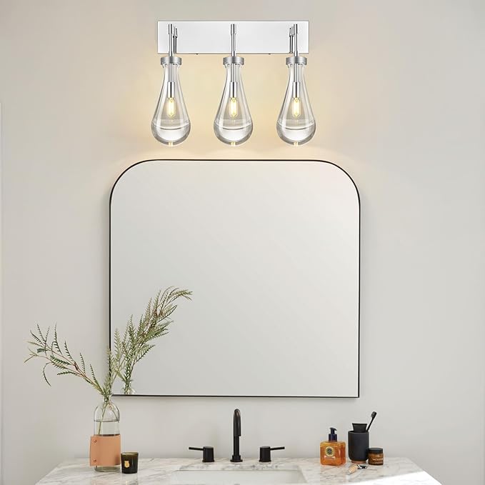 Raindrop Wall Sconces Chrome Crystal Sconces Wall Decor Modern Brass Lighting Glass Bathroom Sconces Indoor Vanity Light Wall Lamp for Bedroom Living Room Stair(3-Light)