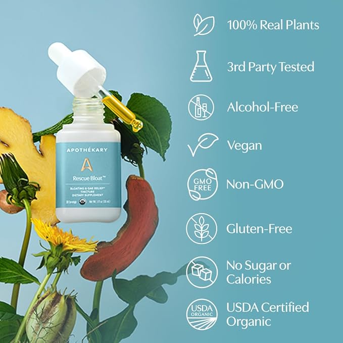 Apothékary Rescue Bloat | Herbal Digestive Drops for Occasional Bloat & Gas Support | Liquid Tincture with Peppermint, Lemon Balm, Dandelion, Ginger | Vegan, 30 Servings, 1 fl oz