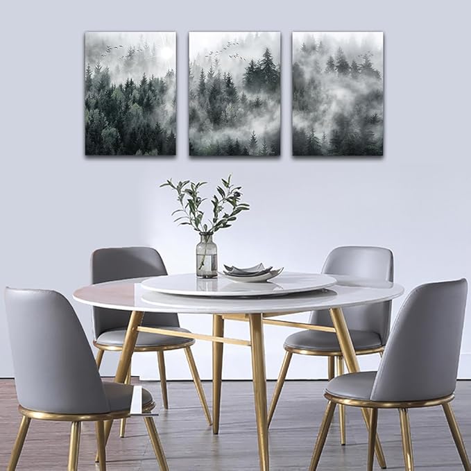 DZRWUBHS Large Wall Decor Living Room Canvas Wall Art For Bedroom Modern Wall Pictures Prints Artworks Office Decoration Foggy Forest Scenery Wall Painting Ready To Hang Room Home Decor 3 Pieces