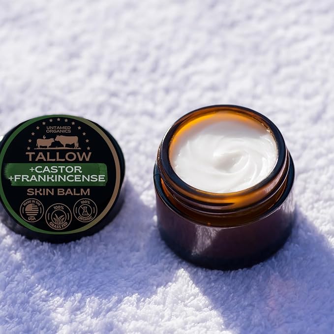 Handmade Tallow, Castor Oil, and Frankincense Oil Skin Balm - 100% Grass-Fed Tallow for Skin Care - Face & Body Moisturizer for Sensitive Skin, Eczema All-Purpose Balm - 2 FL. oz.