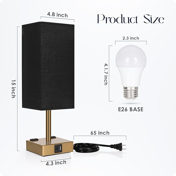 Bedside Lamp with USB Ports - Touch Control Table Lamp for Bedroom with USB C+A Charging Ports & AC Outlets, 3 Way Dimmable Nightstand Light for Living Room (LED Bulb Included, Brass - Black)
