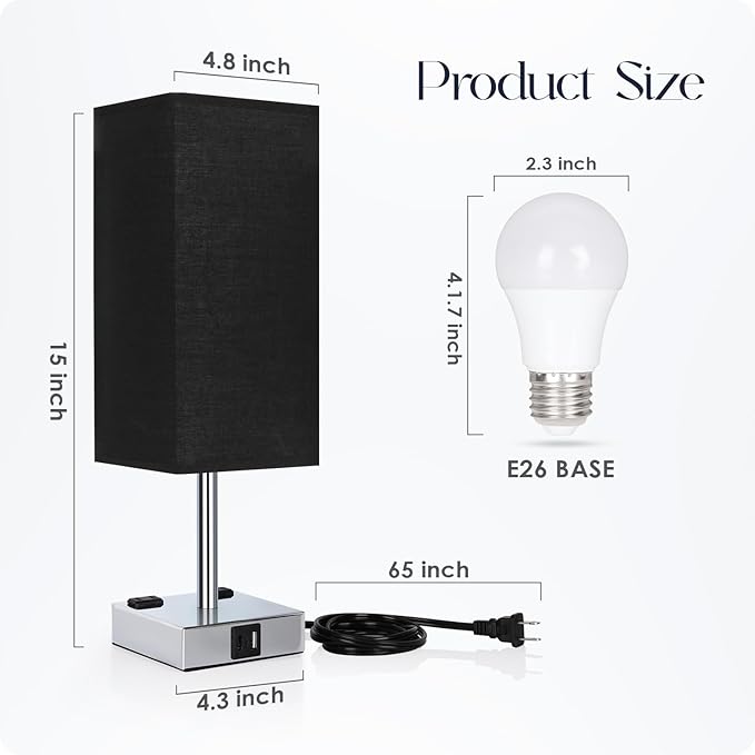 Bedside Lamp with USB Ports - Touch Control Table Lamp for Bedroom with USB C+A Charging Ports & AC Outlets, 3 Way Dimmable Nightstand Light for Living Room (Bulb Included, Black)