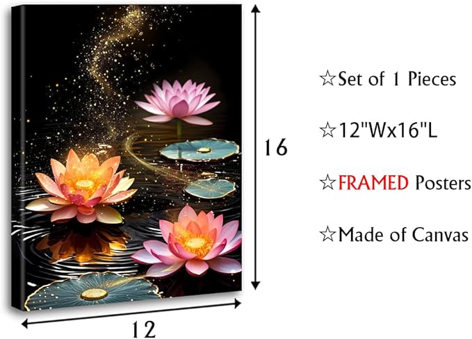 Framed Lotus Floral Canvas Prints Art for Zen Office Decor Wall Art,Zen Canvas Prints Wall Decor,Lotus Flower Bloom in Water Picture,Spiritual Decor Meditation Poster Painting(12"x16")