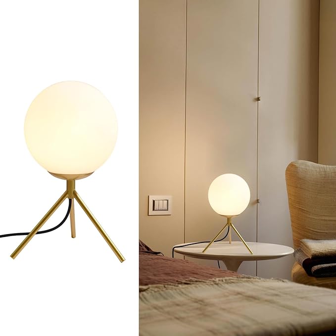 BOKT Mid Century Modern Table Lamp - Gold Glass Globe Desk Reading Lamp - Contemporary Minimalist Brushed Brass Bedside Desk Nightstand Industrial Vintage Bedside Table Light