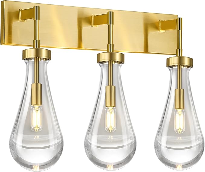 Raindrop Wall Sconces Gold Crystal Sconces Wall Decor Modern Brass Lighting Glass Bathroom Sconces Indoor Vanity Light Wall Lamp for Bedroom Living Room Stair(3-Light)