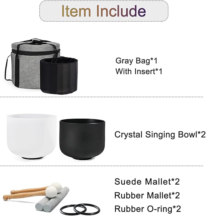 Couple of 2 PCS Yin and Yang Crystal Singing Bowl Set 8 Inch Black and 10 Inch White Mutual Attraction Bowls