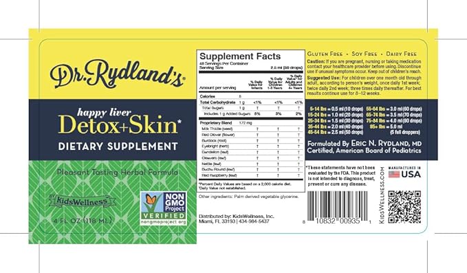 Dr. Rydland's Herbal Supplement | Created by KidsWellness | Safe and Effective for Infants to Adults| Detox & Skin | Relieves Eczema, Rosacea, Acne and Viral Skin Rashes | 2 Ounce Bottle