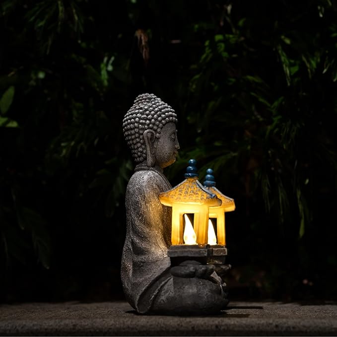 Meditating Buddha Statue with Solar Lights, Zen Garden Decor for Home, Patio, Yard, Outdoor – Unique Gift for Women and Friends(Two Pavilions)