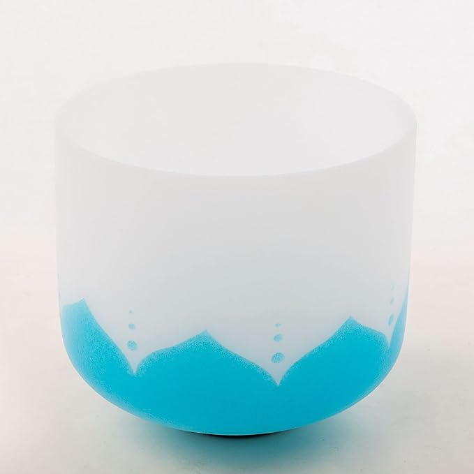 Leize Crystal Singing Bowl 432hz G Note Throat Chakra Blue Lotus Design 8" Wide with Suede Striker