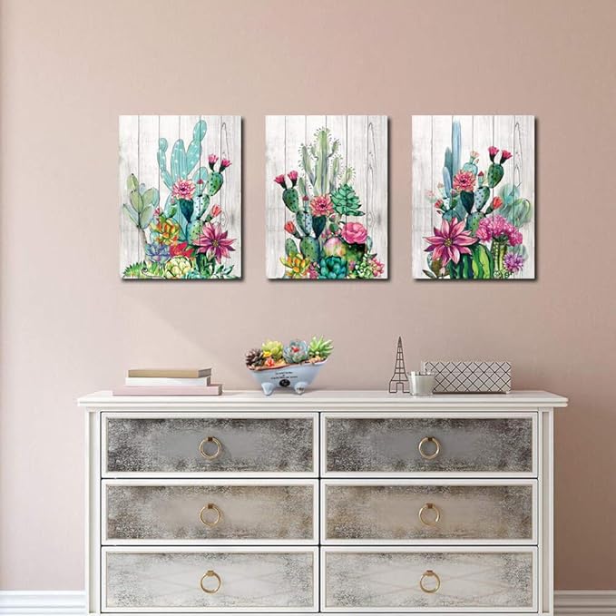 3 Piece Framed Wall Art Watercolor Tropical Plant Desert Cactus Canvas Print for Bedroom Bathroom Spiny Flower Artwork Home Office Wall Decoration 16x24 3 panels Decor