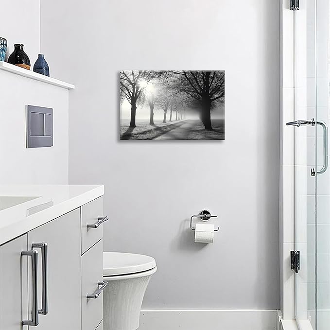 Olivine Tree Wall Art, Black And White Pictures Wall Decor, Mist Forest Painting Nature Lanscape Canvas Prints, Framed Artwork for Bathroom Bedroom Living Room Kitchen Office Home Decoration 24"x16"