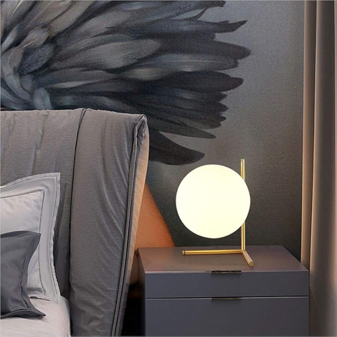 BOKT Mid Century Modern Brass Table Lamp Contemporary Gold Glass Globe Desk Lamp Vintage Bedroom Bedside Reading Lamp Golden Metal Nightstand Lamp for Office Study Room
