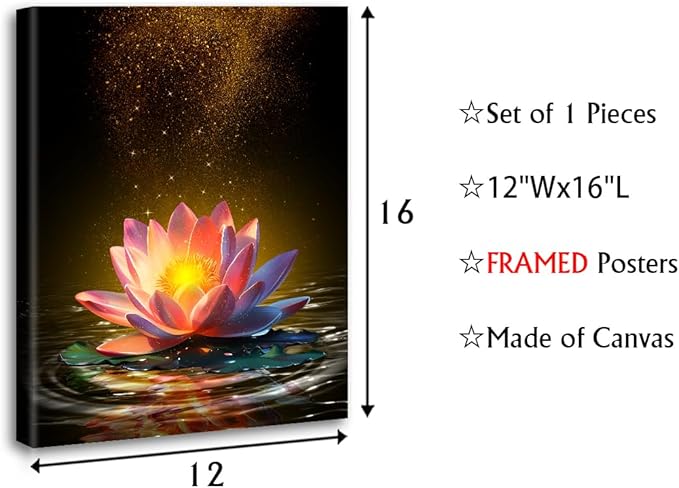 Lotus Floral Wall Art Prints,Framed Lotus Floral Canvas Prints Art for Zen Office Decor Wall Art Meditation Poster for Bathroom Home Decor(12"x16")