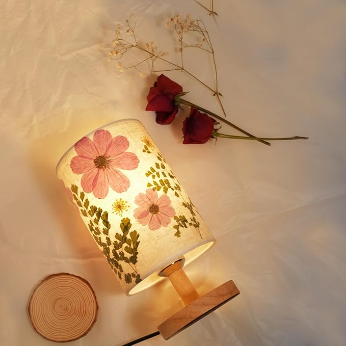 Dried Flowers Table Lamp 9W LED Dimmable Warm Light Pressed Flower Bedside Lamp Linen Shade with Wood Base for Bedroom Living Room Desk Office