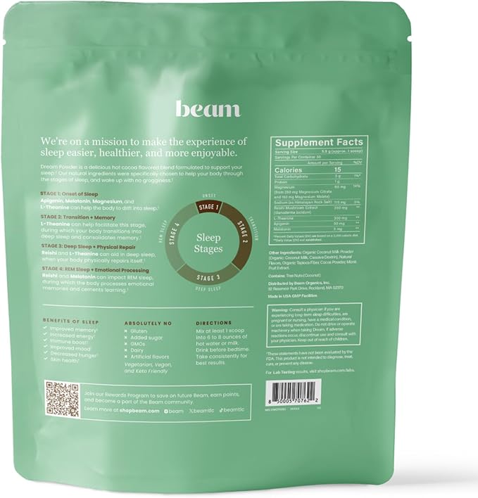 Beam Dream Sleep Powder, L-Theanine, Apigenin, Reishi and Magnesium, Third Party Tested Natural Sleep Aid & Sleep Supplement for Deep Sleep, Relaxation and Recovery, Natural Sleep Support, 30 Servings