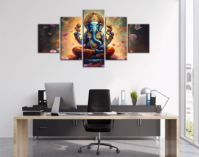 Ganesha Indian Wall Decor Large 5 Pieces Lord Hindu Elephant Photo Picture Canvas Prints Paintings for Living Room Meditation Room Framed Decorations (60" W x 32" H)