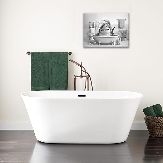Funny Shark Bathroom Decor Wall Art Black and White Bathroom Pictures Painting Canvas Framed Toilet Humor Artwork Restroom Home Decoration Gifts for Women Girl 16"x24"