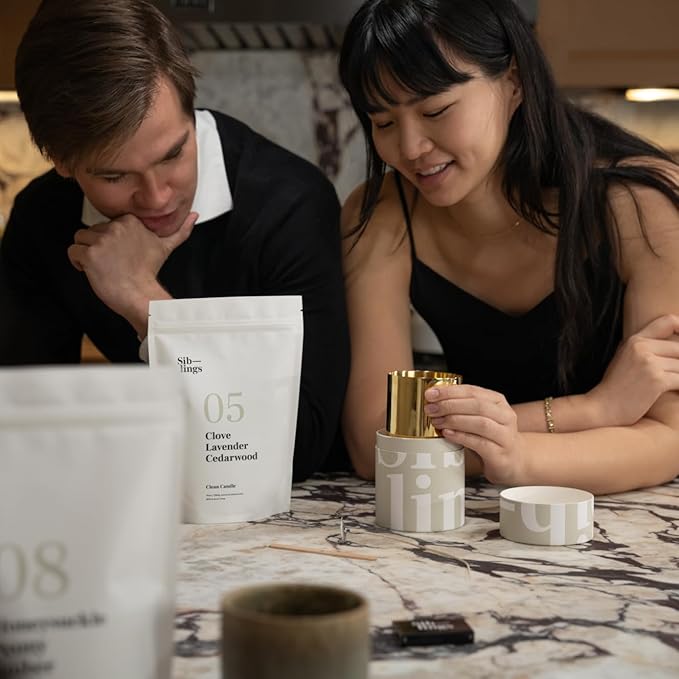 Siblings Candle Making Kit | DIY Coconut-Soy Wax Candle Kit with Wooden Wick | Scent No 08: Honeysuckle, Peony, Amber | Clean, Non-Toxic, Reusable, 60 Hr Burn