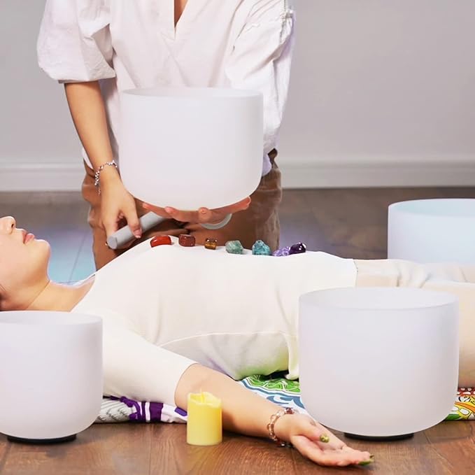 440HZ 6-12 inch Set of 7 Frosted Meditation Chakra Quartz Crystal Singing Bowls for Sound Healing Energy with Carry Case Bag Suede and Striker & O-Ring