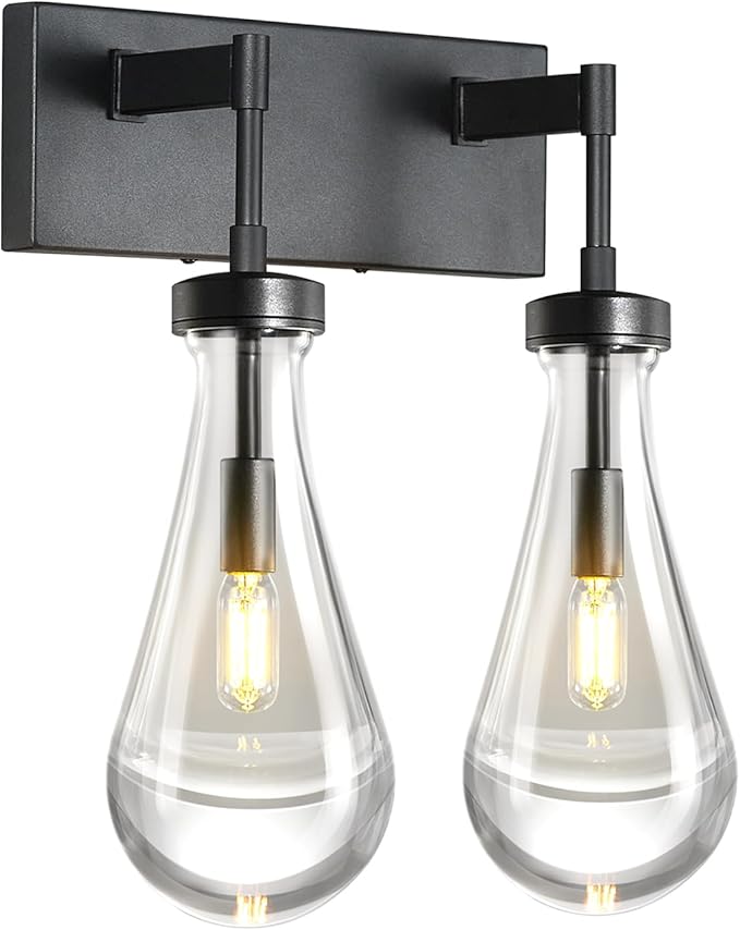 Raindrop Wall Sconces Black Crystal Sconces Wall Decor Modern Brass Lighting Glass Bathroom Sconces Indoor Vanity Light Wall Lamp for Bedroom Living Room Stair(2-Light)