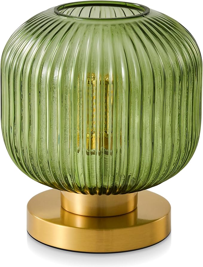 Small Green Glass Table Lamp: Mid Century Modern Dimmable Nightstand Lamps - Vintage Decor Brass Desk Lamp with Plug - Ribbed Glass Bedside Tables Lamps for Bedroom Living Room Office Bulb Excluded