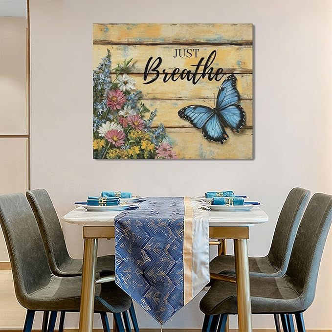 Olivine Butterfly Wall Art, Butterflies Flower Pictures Wall Decor, Just Breathe Painting, Vintage Farmhouse Canvas Prints, Framed Artwork for Living Room Bedroom Bathroom Kitchen Office Home 24"x20"