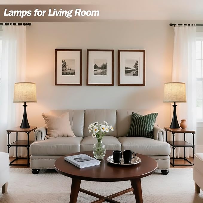 Touch Table Lamp for Living Room Bedroom, 21" Table Lamps Set of 2 with USB C+A Ports, Touch Bedside Lamps for Nightstand with 3 Way Dimmable, 2 LED Bulbs Included, Black