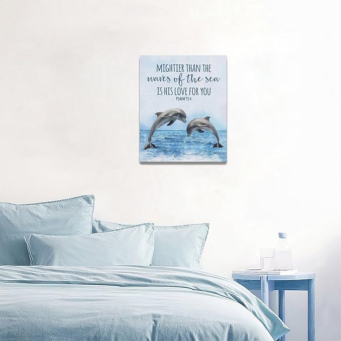 Dolphin Bathroom Decor Wall Art Ocean Coastal Wall Decor Scripture Canvas Bible Verse Prints Painting Framed Artwork for Bathroom living room Bedroom 16"x20"
