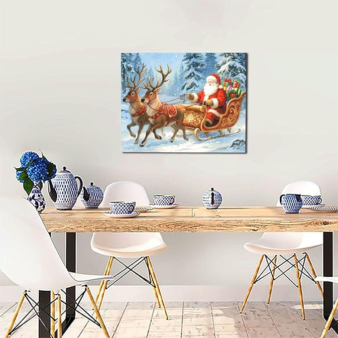 Santa Claus Christmas Wall Art Winter Santa Claus Reindeer Canvas Wall Decor Winter Christmas Pictures Painting Artwork Decoration Framed Gifts for Women Girl Bedroom Living Room Dining Office 16"x20"